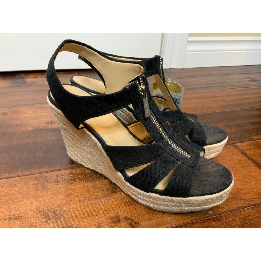 Michael Kors Black Zip-Up Strappy Espadrille Wedge Heels, Size 10